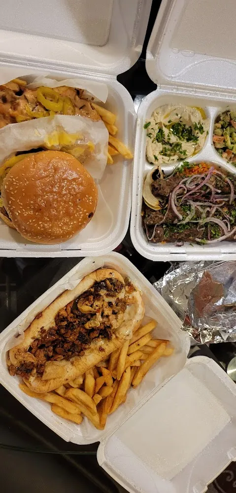 Chicken Philly Kefta Kabob Plate and in N Out Burger
